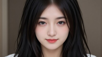 Fototapeta premium Portrait of Young Asian Woman with Black Hair, Neutral Background, Indoors