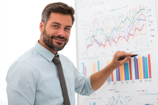 Smiling businessman presenting financial data on a whiteboard with colorful charts and graphs, explaining market trends. - Powered by Adobe