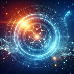 Fototapeta premium Abstract digital art; concentric circles, glowing lines, and molecular structures against a starry background