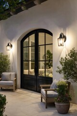 Stylish entrance to a modern home featuring black double doors, elegant lanterns, and cozy seating with lush greenery in a serene outdoor setting during the evening