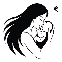 Creative design vector art of mother kissing her baby, silhouette of a woman holding a newborn child