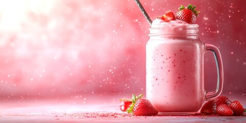 Creamy strawberry milkshake in a glass jar with fresh strawberries on a background