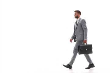 A man in a gray suit walks with a briefcase against a white background.