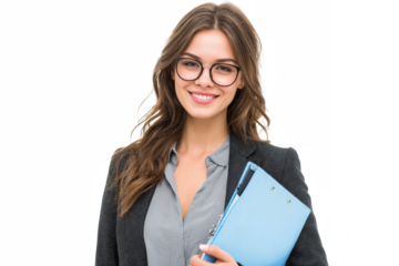 Smiling woman in business attire holding a blue clipboard.