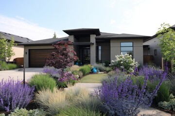 A contemporary home boasts stunning landscaping adorned with bright, colorful flowers, nestled within a charming suburban neighborhood during the day