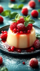 Delightful dessert featuring creamy panna cotta topped with fresh raspberries and mint leaves served on a plate