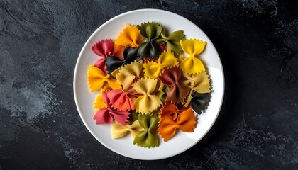 A top-down shot showcases a white plate overflowing with colorful bowtie-shaped pasta against a dark, textured surface