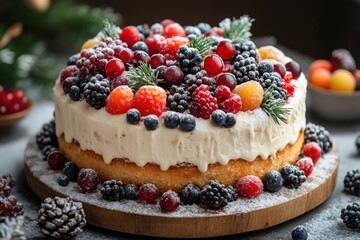 Cake topped with berries and pine.