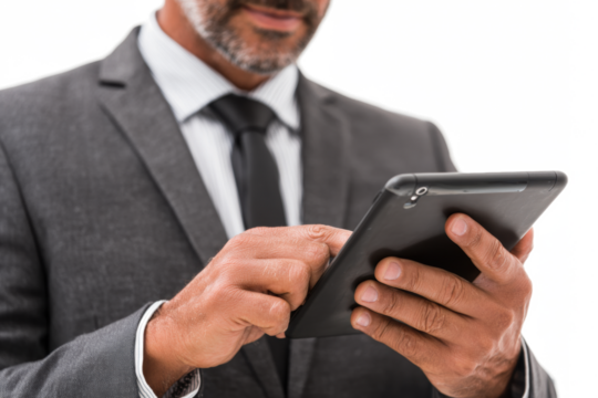 Close-up of a professional man in a grey suit and tie, focused on using a black digital tablet with a white background.