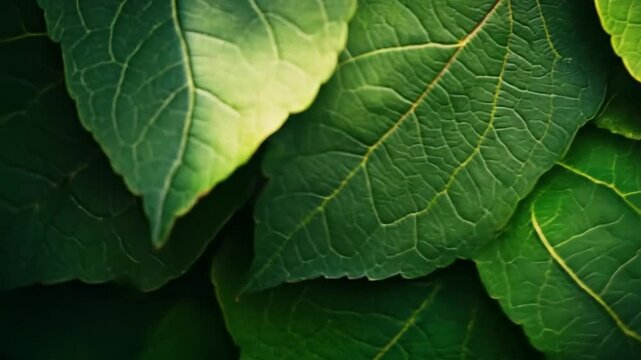 Close-up view of lush green leaves, showcasing intricate vein patterns