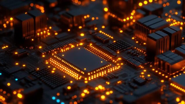 Close-up view of illuminated circuit board components.  Intricate network of dark, black circuit traces  