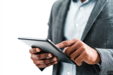 Close-up shot of a person in a suit using a tablet device, focusing on the hands and screen.