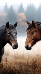 Close encounter between two horses in a misty field during early morning light