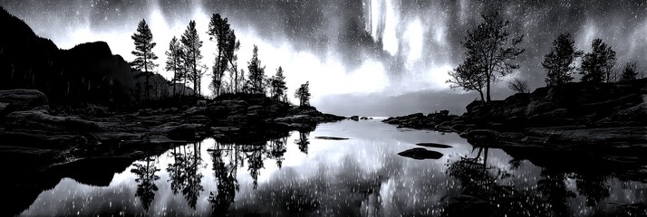 northern lights illuminate a tranquil lake with silhouettes of trees at dusk in a serene landscape
