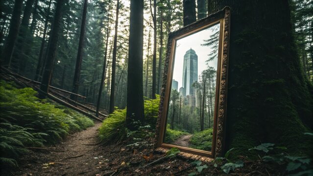 Mirror reflecting cityscape in a forest - Powered by Adobe