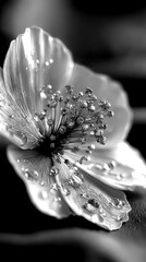Delicate flower adorned with droplets reflecting light, showcasing intricate details and textures in an elegant presentation