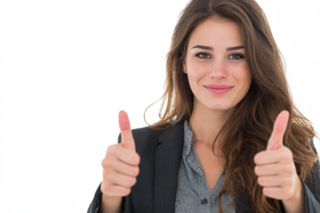 A young businesswoman with long brown hair gives two thumbs up with a smile, indicating approval or success.
