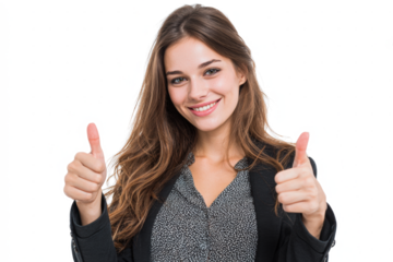 Happy young businesswoman with long brown hair giving a double thumbs-up gesture while smiling at the camera against a white background.
