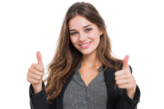 Happy young businesswoman with long brown hair giving a double thumbs-up gesture while smiling at the camera against a white background.