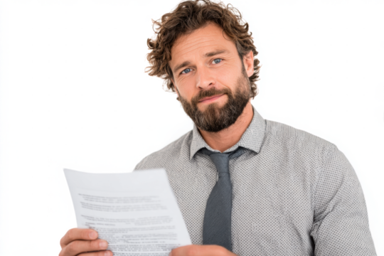 A handsome man with curly hair and a beard, wearing a striped shirt and tie, holds a document and looks at the camera with a slight smile.