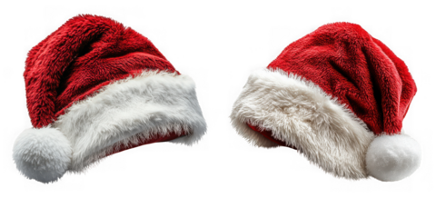 Two fluffy red santa hats with white trim and pompoms, isolated on transparent background