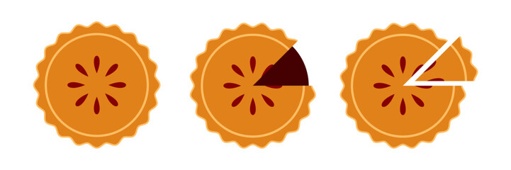 Pie icon flat cartoon style. Abstract cherry, apple, pumpkin cake, simple geometric shapes, bakery concept. Vector minimal illustration on white background