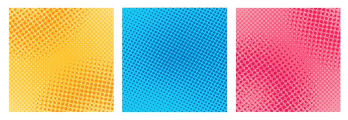 Set of square colored comic retro dotted gradient background, banner with dots, circles. Abstract halftone textured. Grunge groovy texture. Vector EPS10