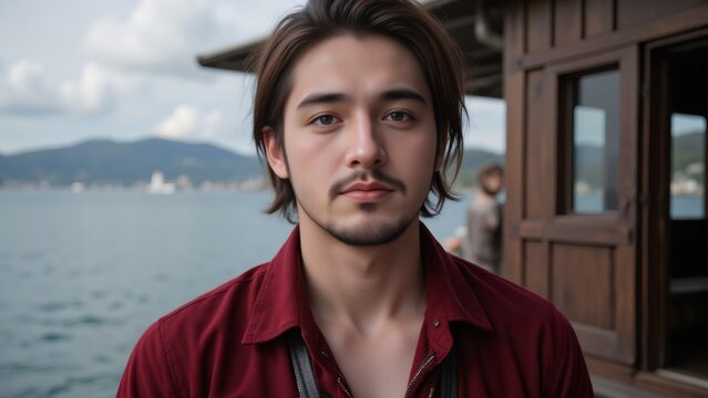 Young man with camera stands on pier, enjoying waterfront view, daytime.