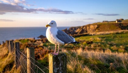 A lone gull perched on a weathered wooden post observes the coastal horizon during a late afternoon golden hour, framed by a rustic fence