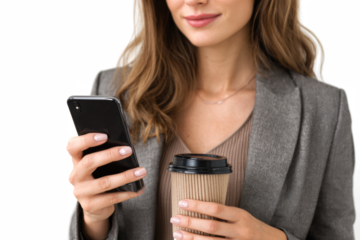 Close-up of a professional woman holding a smartphone and a disposable coffee cup, dressed in a grey blazer against a white background.
