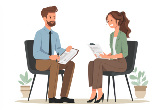 A man and a woman are sitting in chairs, facing each other, and engaged in a conversation while holding papers.