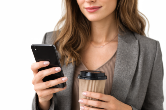 Close-up of a professional woman holding a smartphone and a disposable coffee cup, dressed in a grey blazer against a white background.