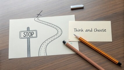 Pencil drawing of forked path concept on a wooden tabletop