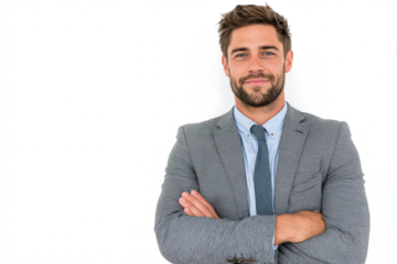 Confident young businessman in a grey suit and blue tie, smiling with arms crossed against a white background.