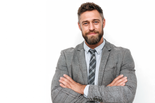 A confident businessman with a beard and a suit stands with his arms crossed against a white background.