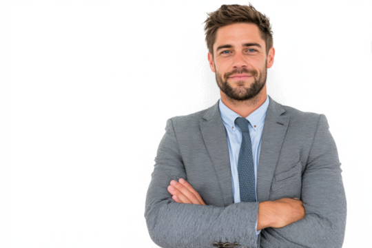 Confident young businessman in a grey suit and blue tie, smiling with arms crossed against a white background.