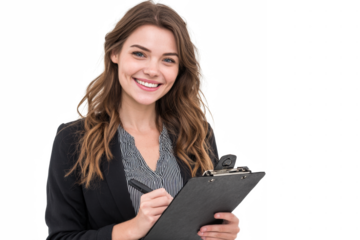 Smiling woman in blazer writing on clipboard against white background.