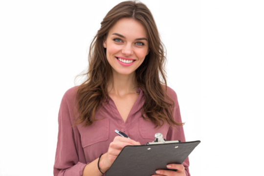 Smiling woman with long brown hair holds a clipboard and pen, writing on it.