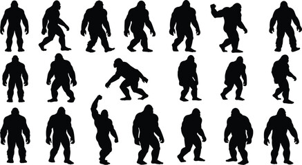 Black silhouettes of Bigfoot or Sasquatch in various walking, standing, and roaring poses — perfect for cryptozoology, myth, horror, forest, and mystery-themed designs