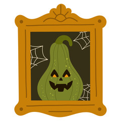 Halloween pumpkin illustration in ornate vintage frame with carved spooky face and cobwebs, art perfect for Halloween decor, holiday poster, greeting card, party invitation, digital design.