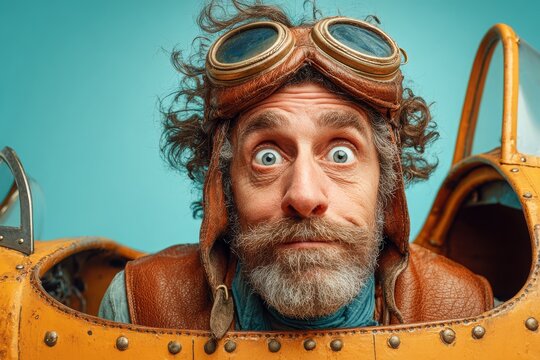 A quirky pilot with goggles and leather cap in a vintage airplane cockpit, gazing intensely at the viewer with a humorous, slightly startled expression.