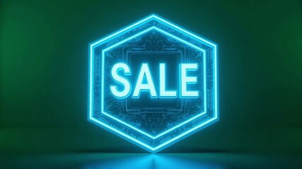Dynamic neon blue 'SALE' hexagon glows with futuristic circuit patterns in a dark, atmospheric setting with vibrant reflections, perfect for promotions