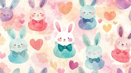 Obraz premium Watercolor bunnies and hearts pattern