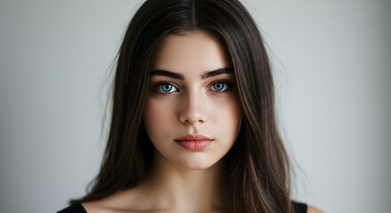 Naklejka premium Portrait of a beautiful woman with striking blue eyes and dark hair