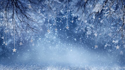 Fototapeta premium Winter scene background with snow falling and starry decorations