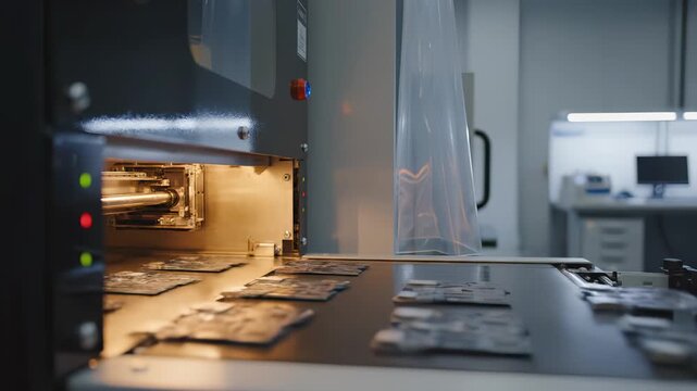 Industrial machine processing printed materials, showcasing sequential movement as sheets exit the device, highlighting the efficiency and precision of modern manufacturing technology