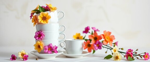 Neat stack of pristine white cups adorned with vibrant spring blooms against a soft, light background, minimal, kitchen