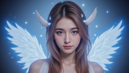 Beautiful young woman with angel wings in a magical, ethereal setting.