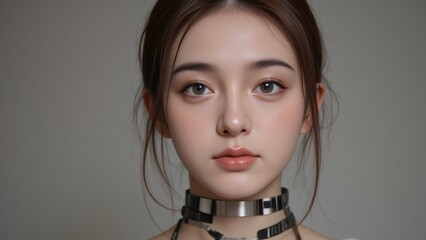 Fototapeta premium Portrait of a beautiful young woman with delicate features and silver choker