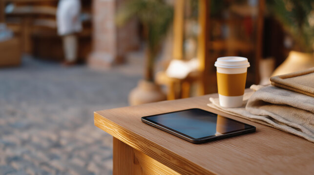 During media consumption a vendor watches a sales video on a phone its screen glowing on a market stall’s wooden counter its grain scarred neglecting customers. A paper coffee